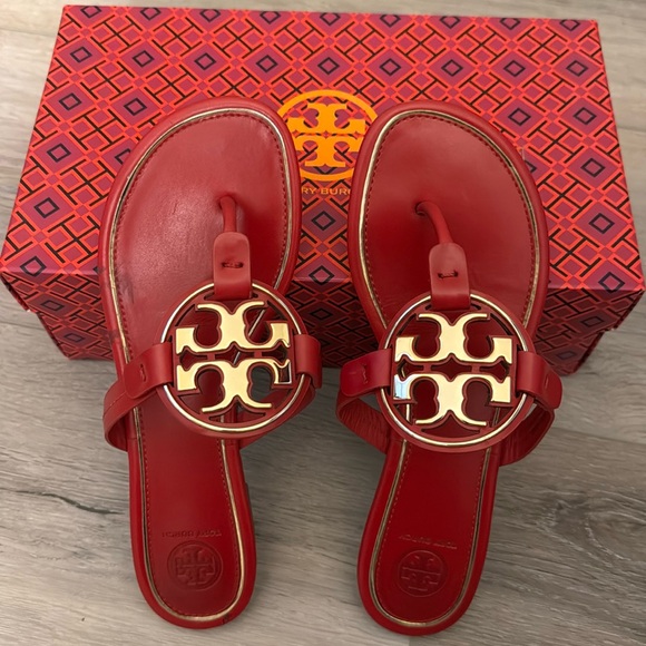 Tory Burch Shoes - Tory Burch Metal Miller Logo Leather Red Sandals size 8